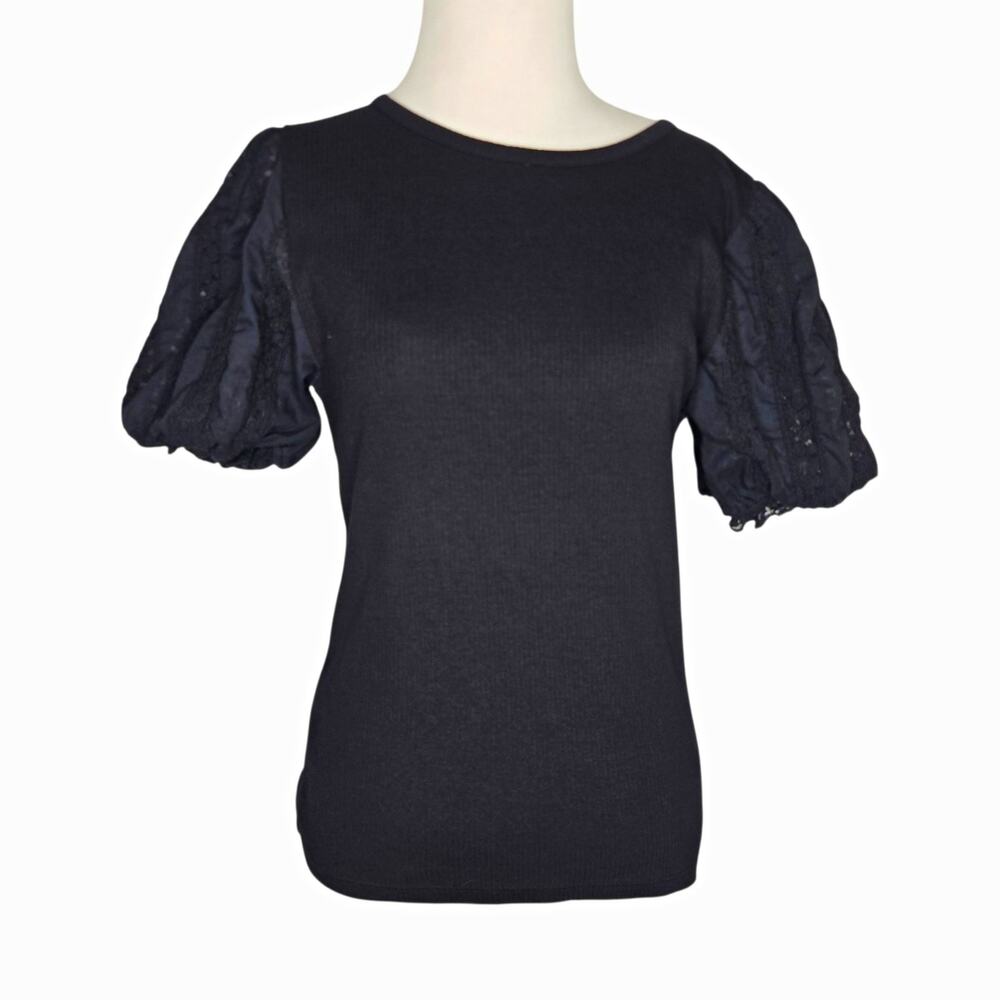 J Crew Womens Romantic Vintage Rib Top Romantic Lace Puff Sleeves Black Medium